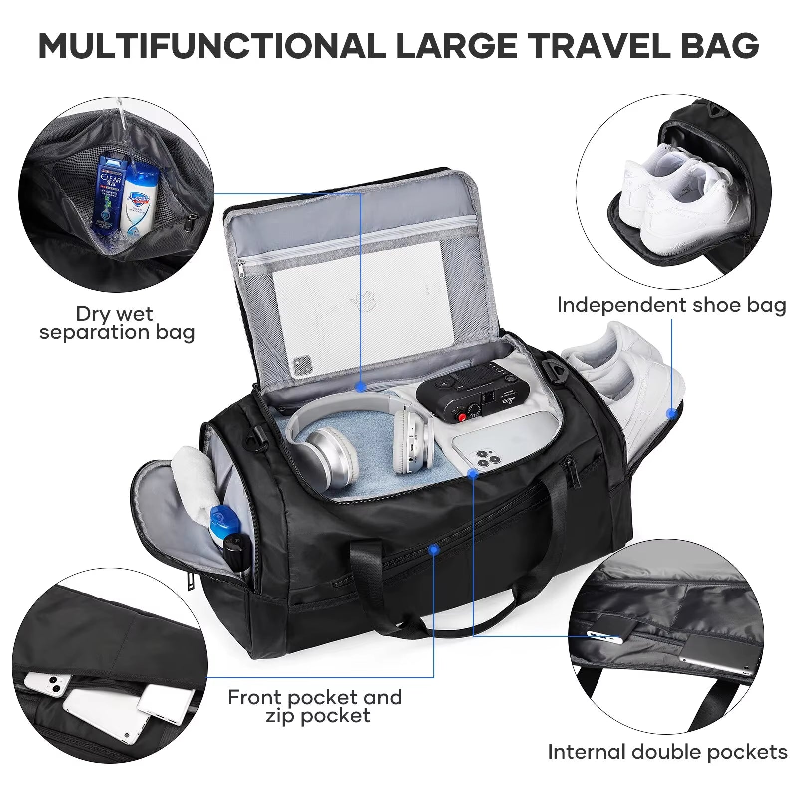 Sports Gym Bag Travel Duffel Bag with Shoes Compartment for Men Women 40L Lightweight Foldable Duffel Bag Workout Bag