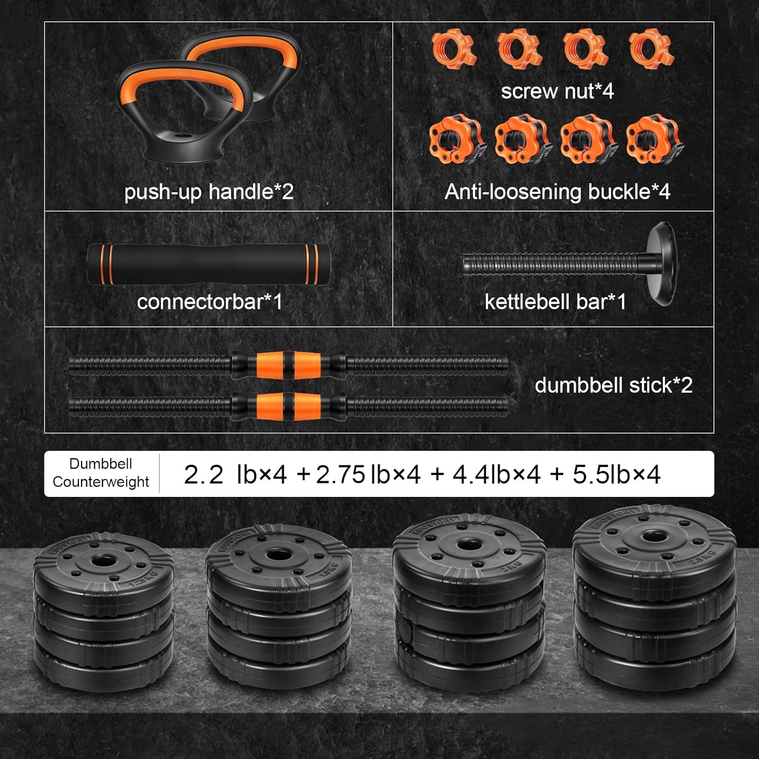 Adjustable Dumbbell Set, 22/44/66/88Lbs Free Weights, 4-In-1 Barbell & Kettlebell Set, Non-Slip Handles, Fitness for Men & Women